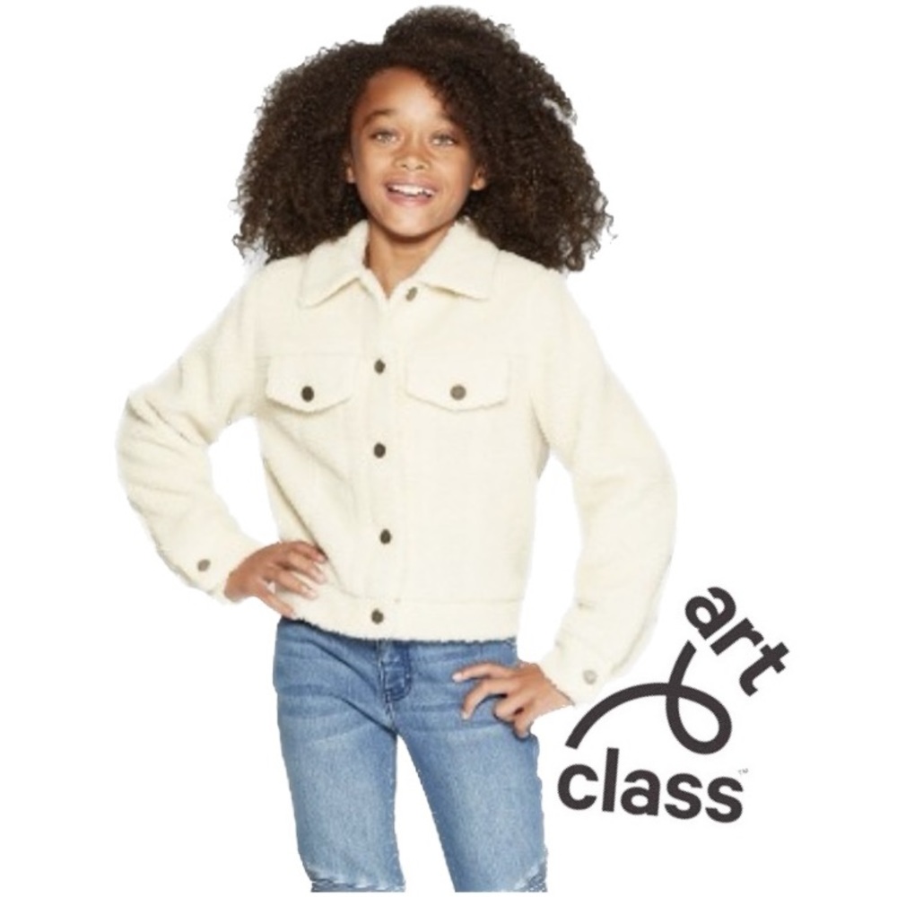 ART CLASS Sherpa Teddy Jean Style Jacket Ivory Colored Button Closure Size M 7/8
